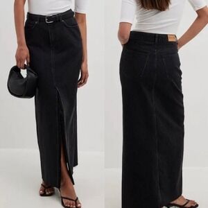 Na-Kd Denim Wide Denim Maxi Skirt Black Front Slit Size 32 (XS) Trendy Minimal